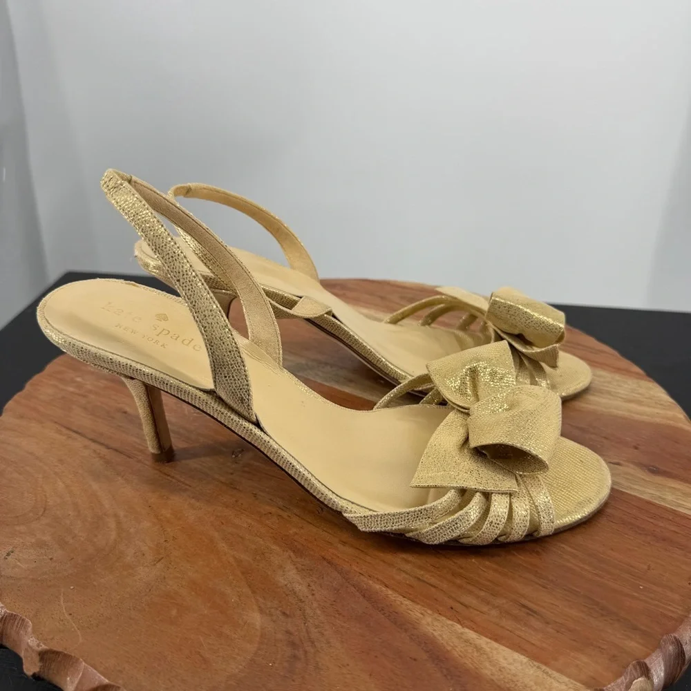 Kate Spade‎ Maribeth Slingback Gold Metallic Heels Pumps Stiletto Bow Glam 8.5